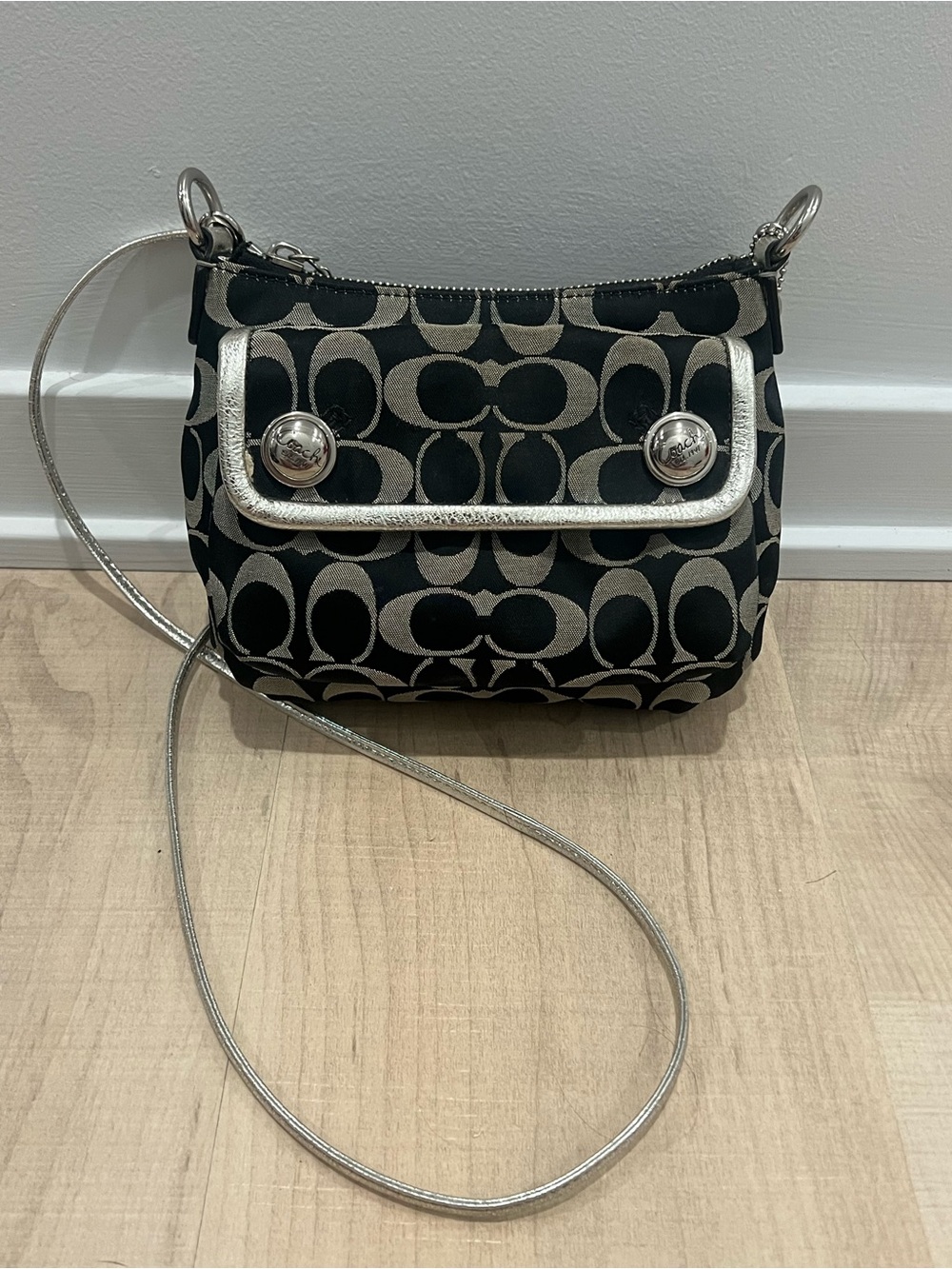 Coach Black Signature Jacquard Crossbody with Silver Accents